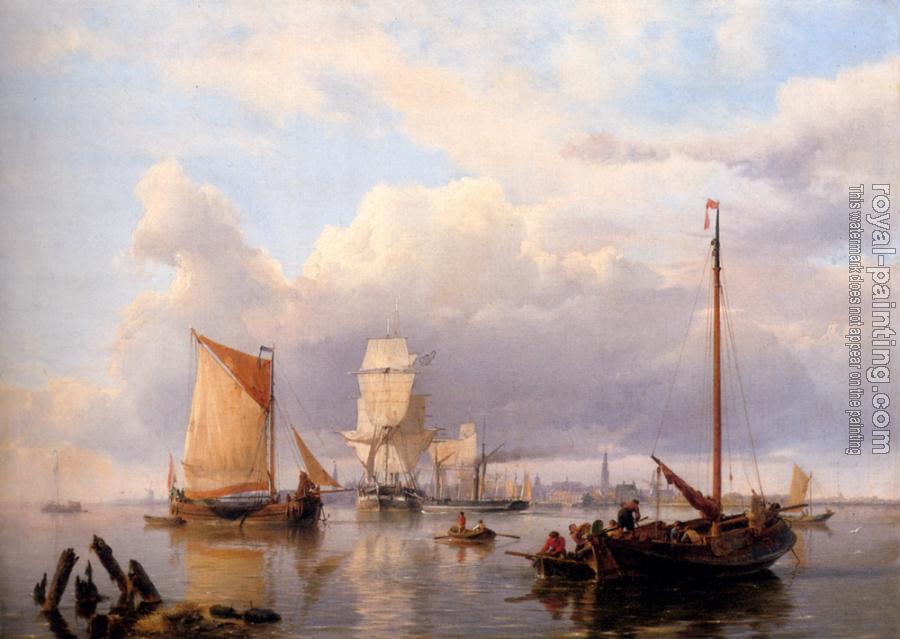 Johannes Hermanus Koekkoek : Shipping On The Scheldt With Antwerp In The Background